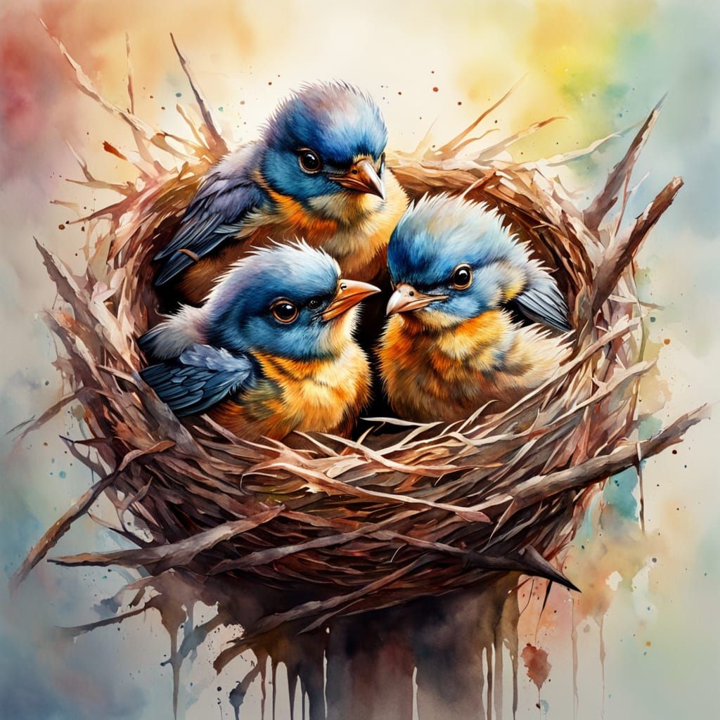 Watercolor Baby Birds in a Hyperrealistic Nest Scene