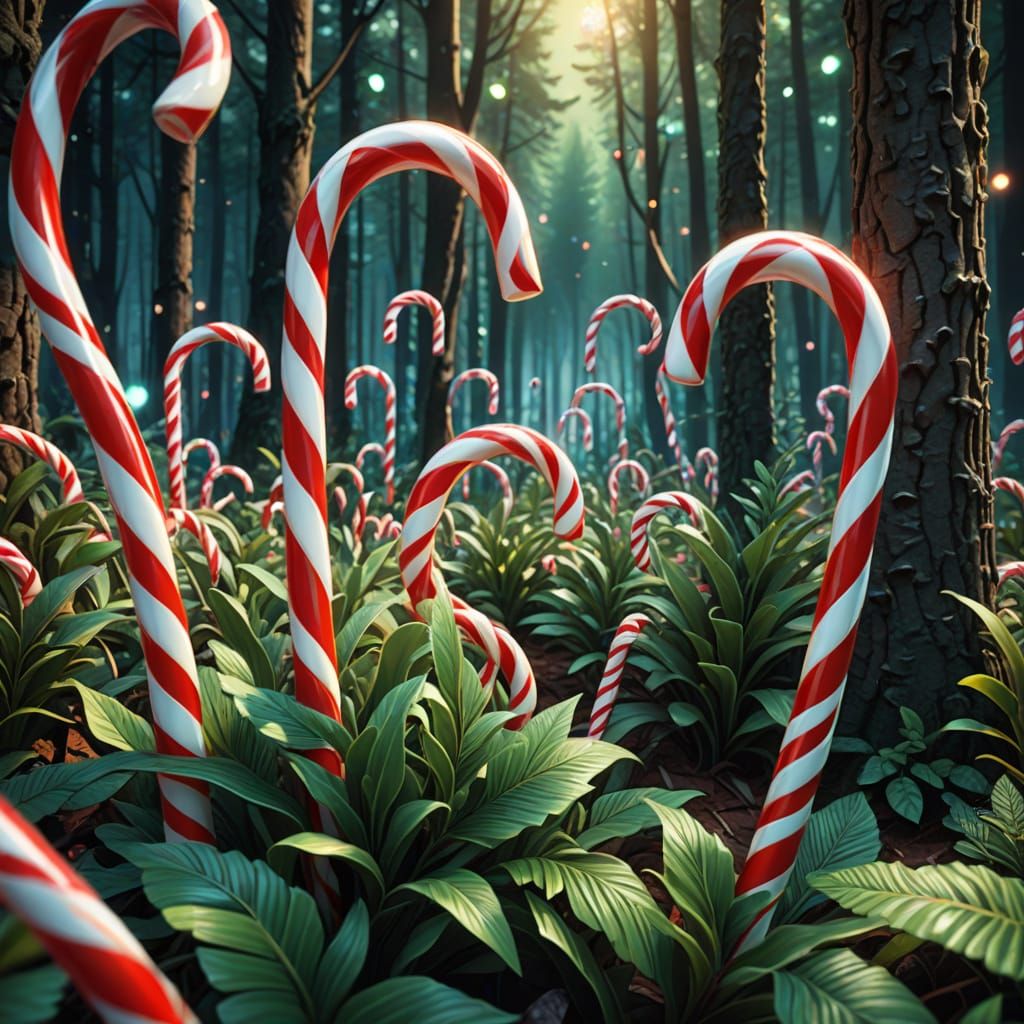 Forest of Glowing Candy Canes with Swirling Patterns