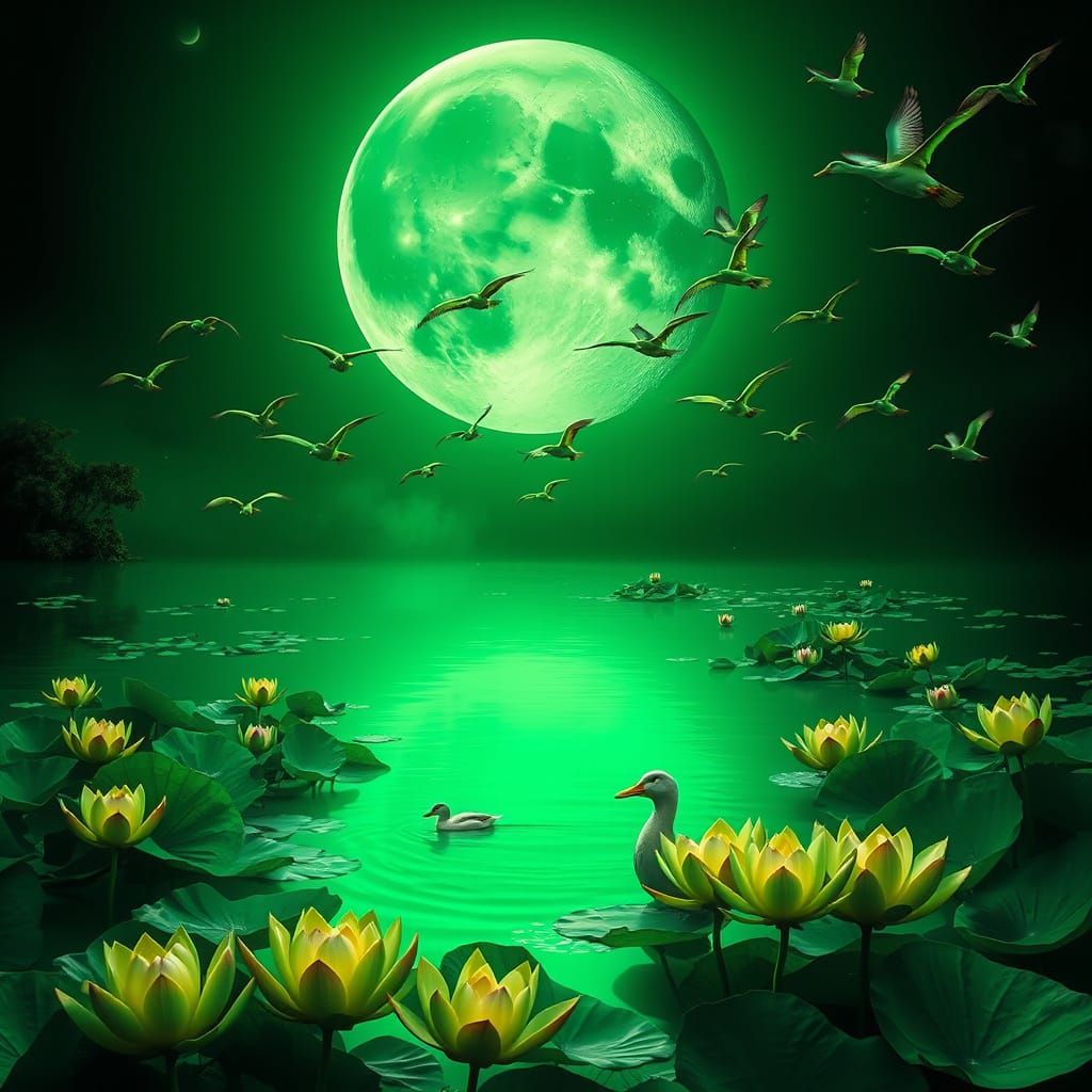Emerald Moonrise Over a Vibrant Lagoon