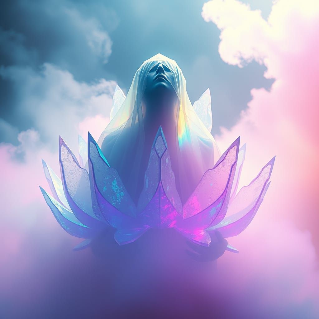 Iridescent Mist Figure with Unfolding Crystals