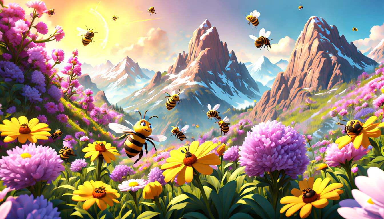 Bees pollinate the pretty spring flowers.