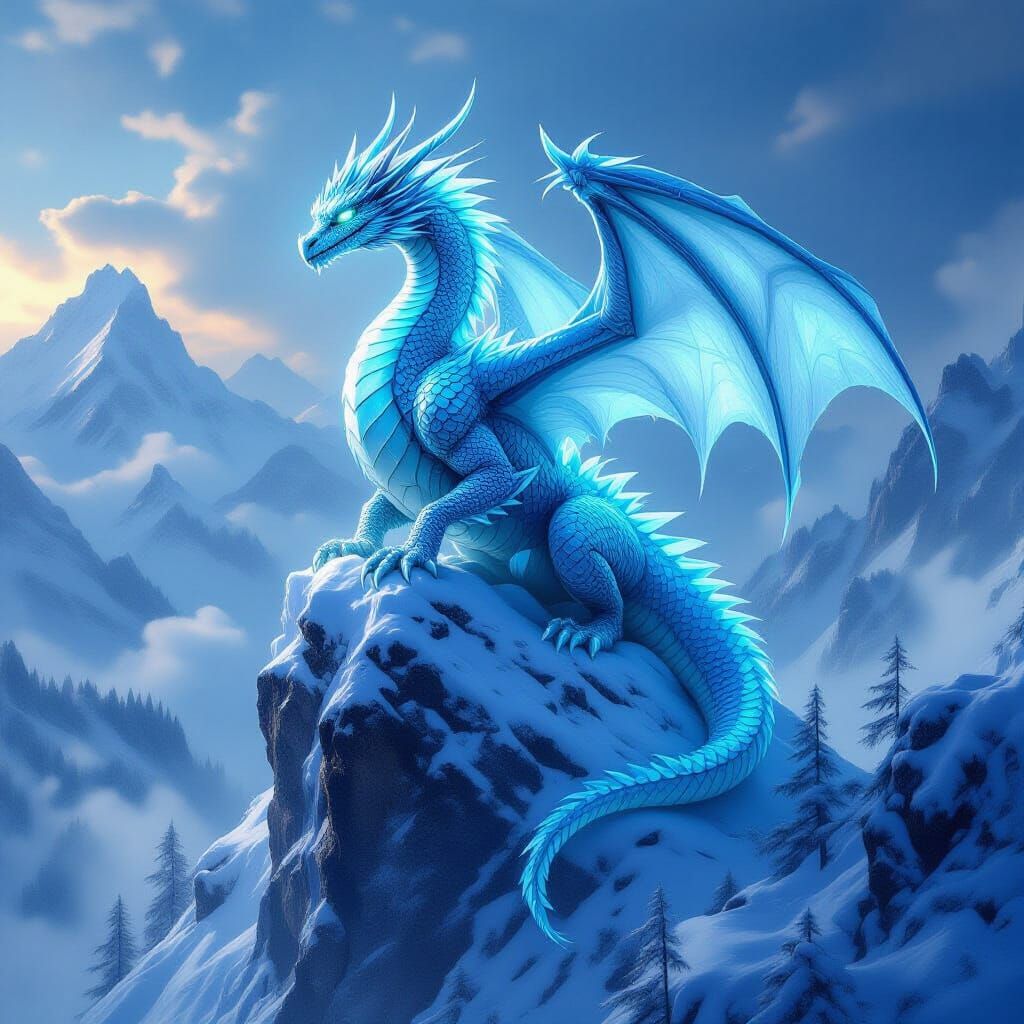 Majestic Ice Dragon on Snowy Mountain Peak