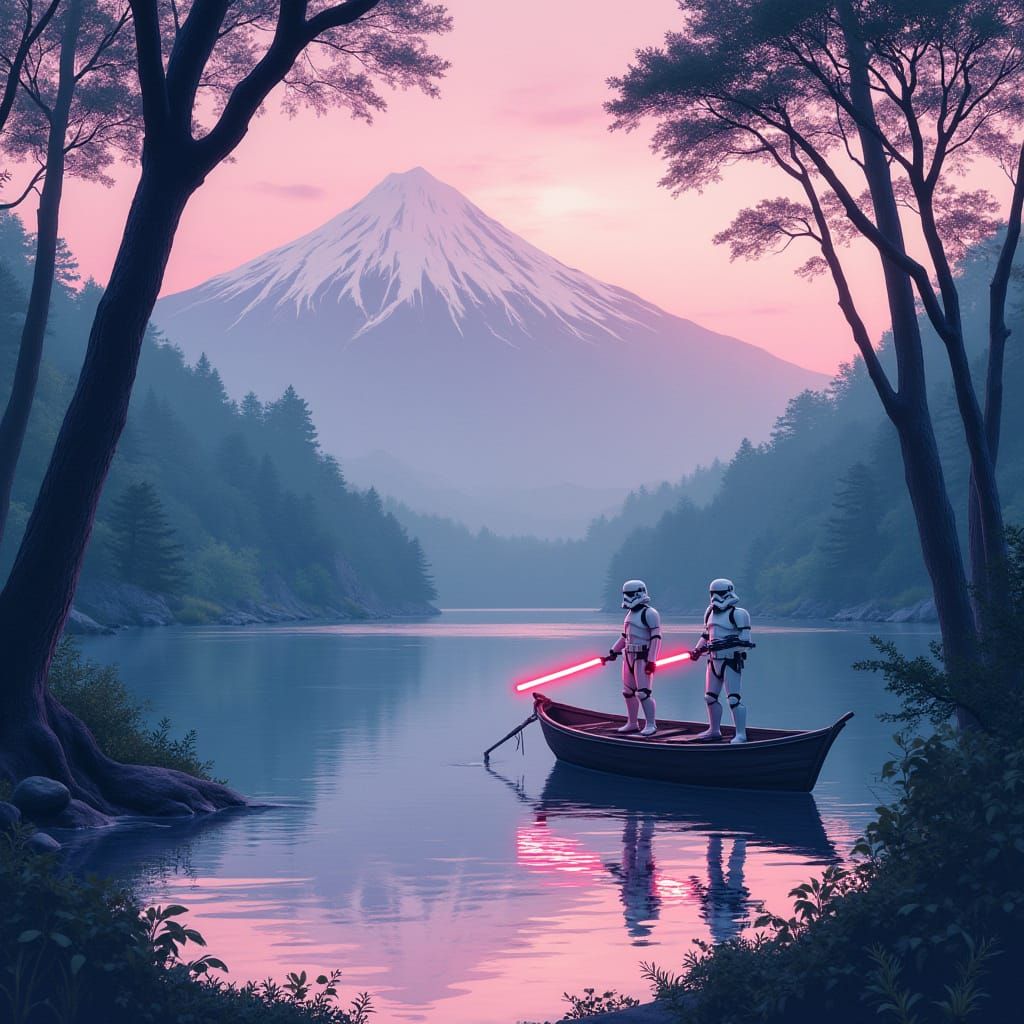 Stormtroopers with Lightsabers on Japanese Lake