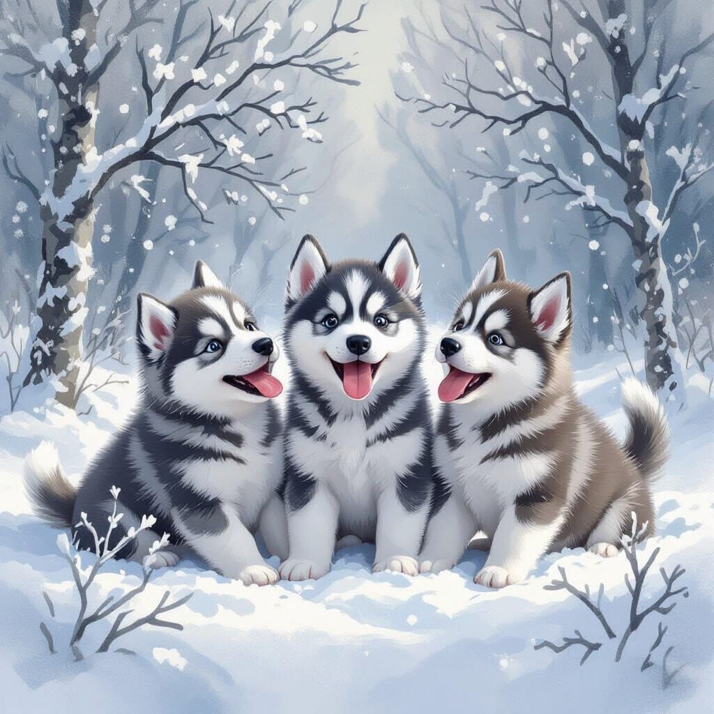 Siberian Husky Puppies Play in Snowy Whimsical Scene