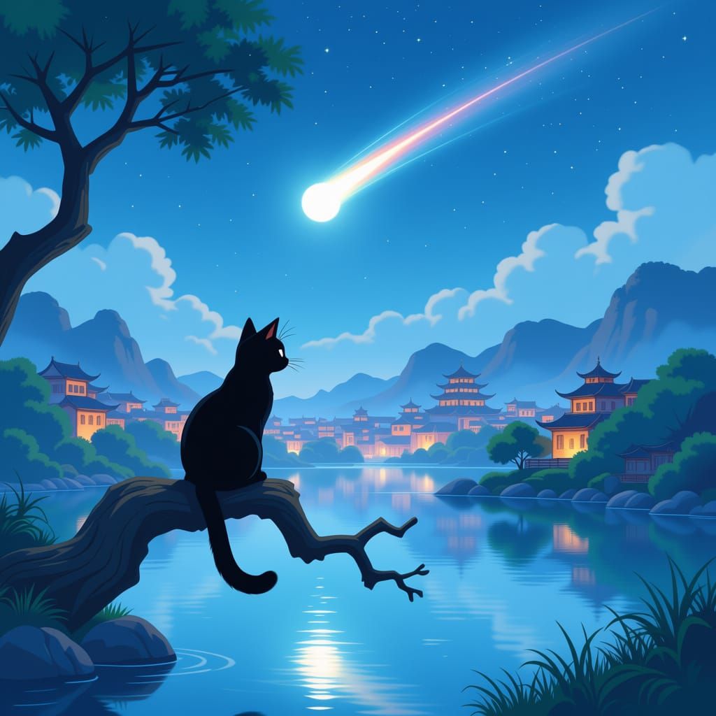 Elegant Asian Cat Watches Comet Over Ancient Chinese City