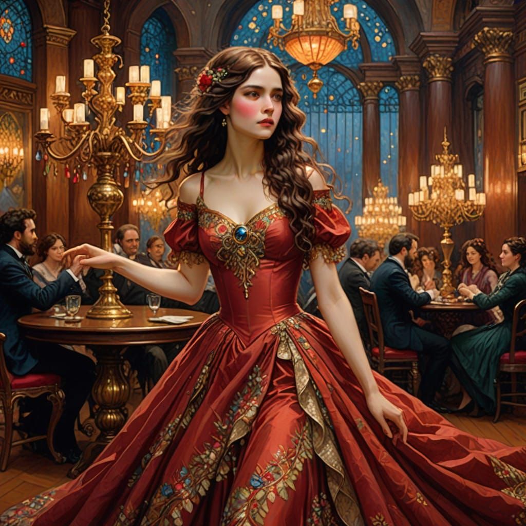 Ethereal Ballerina in Red Gown Under Twinkling Chandeliers