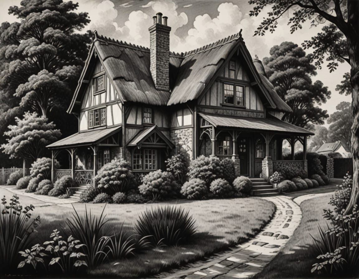 19th Century Cottage in Charcoal and Ink