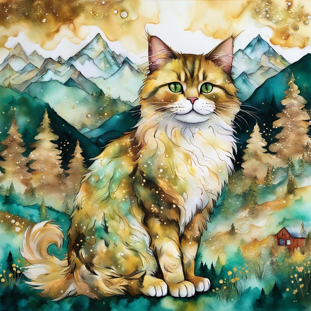 Fluffy Cat in Forest Landscape Alcohol Ink Painting