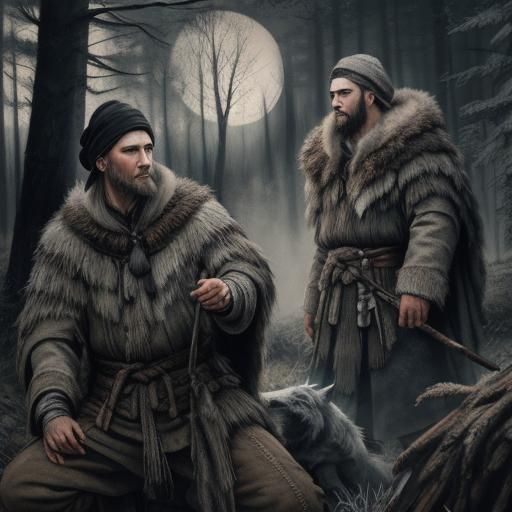 Slavic Hunters in Forest: Detailed Charcoal Drawing