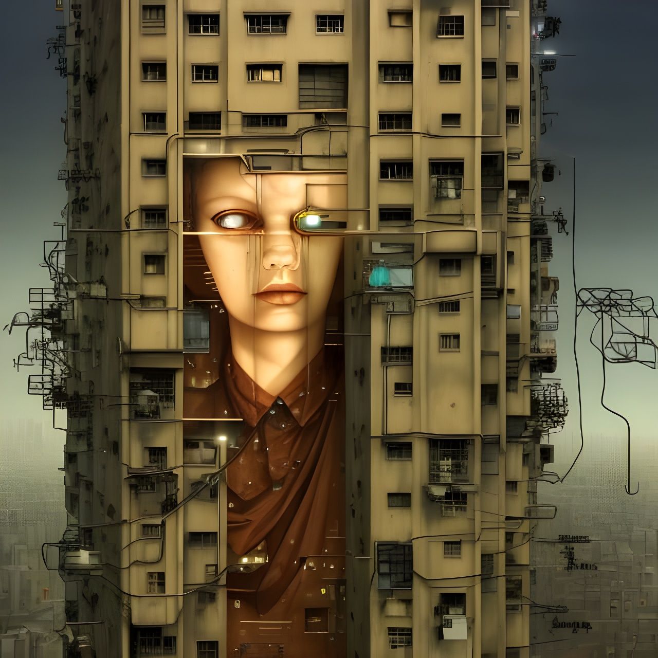 Cyborg Face Trapped in Dystopian Techscape