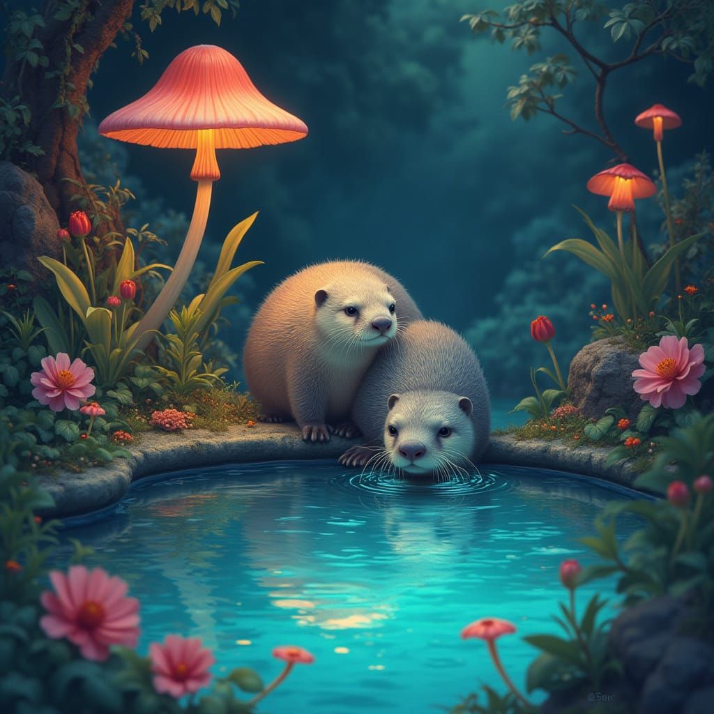 Opalescent Otter in Bioluminescent Grotto, Fairy Tale Illust...