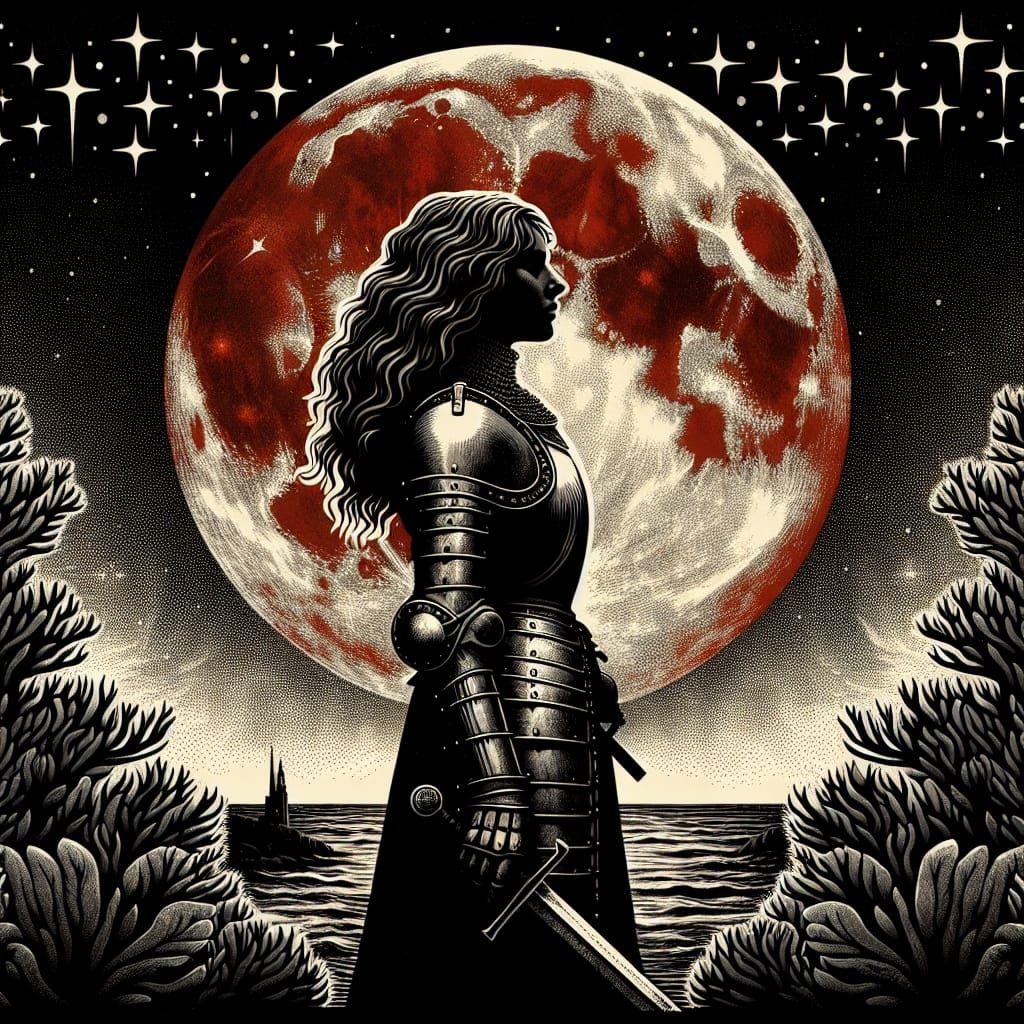 Medieval Woman Under Blood Moon in Brutalist Style