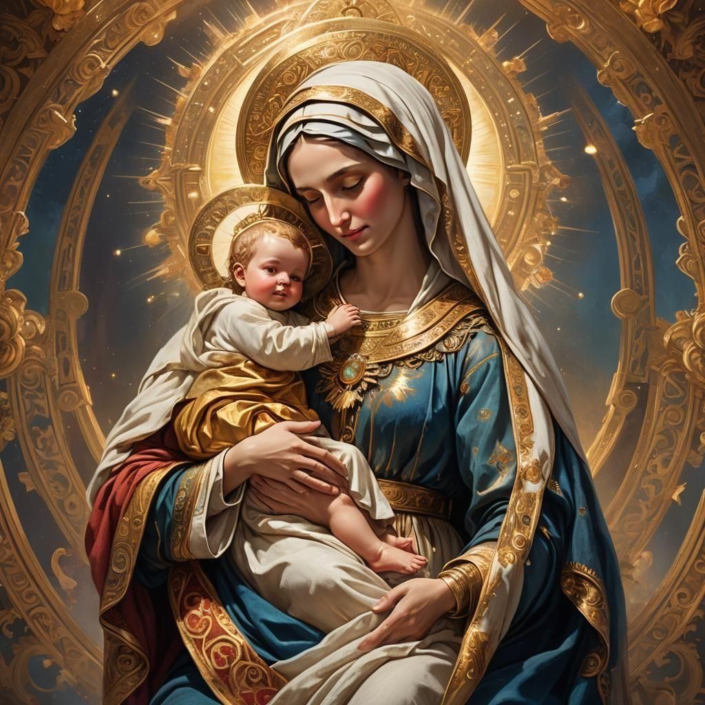Saint Mary and Baby Jesus with Golden Halos