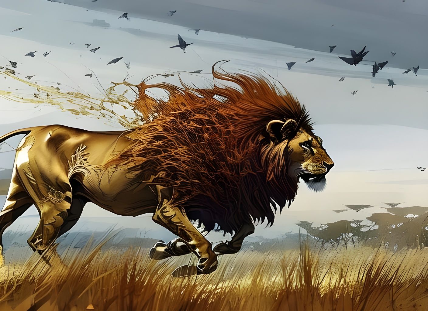 Lion Running in Savannah Digital Painting