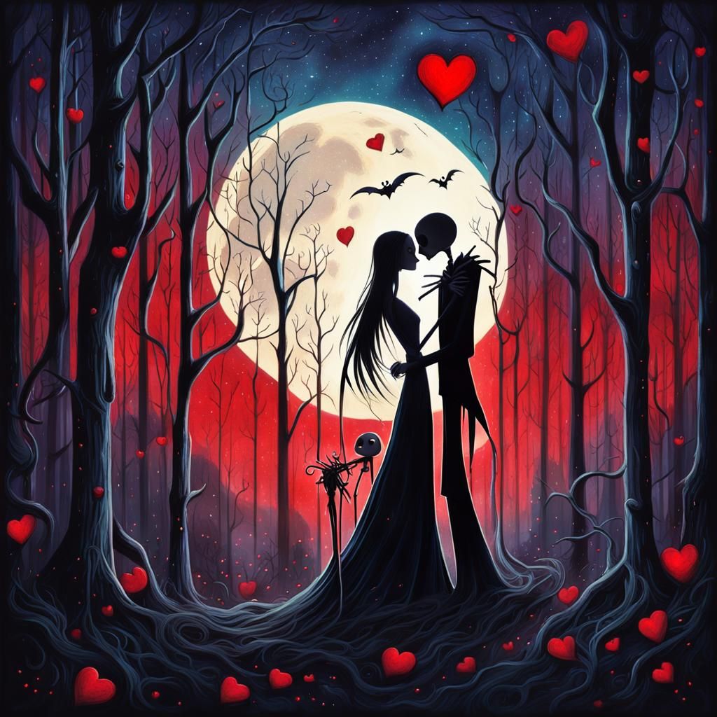 Jack and Sally Embrace in Gothic Whimsy