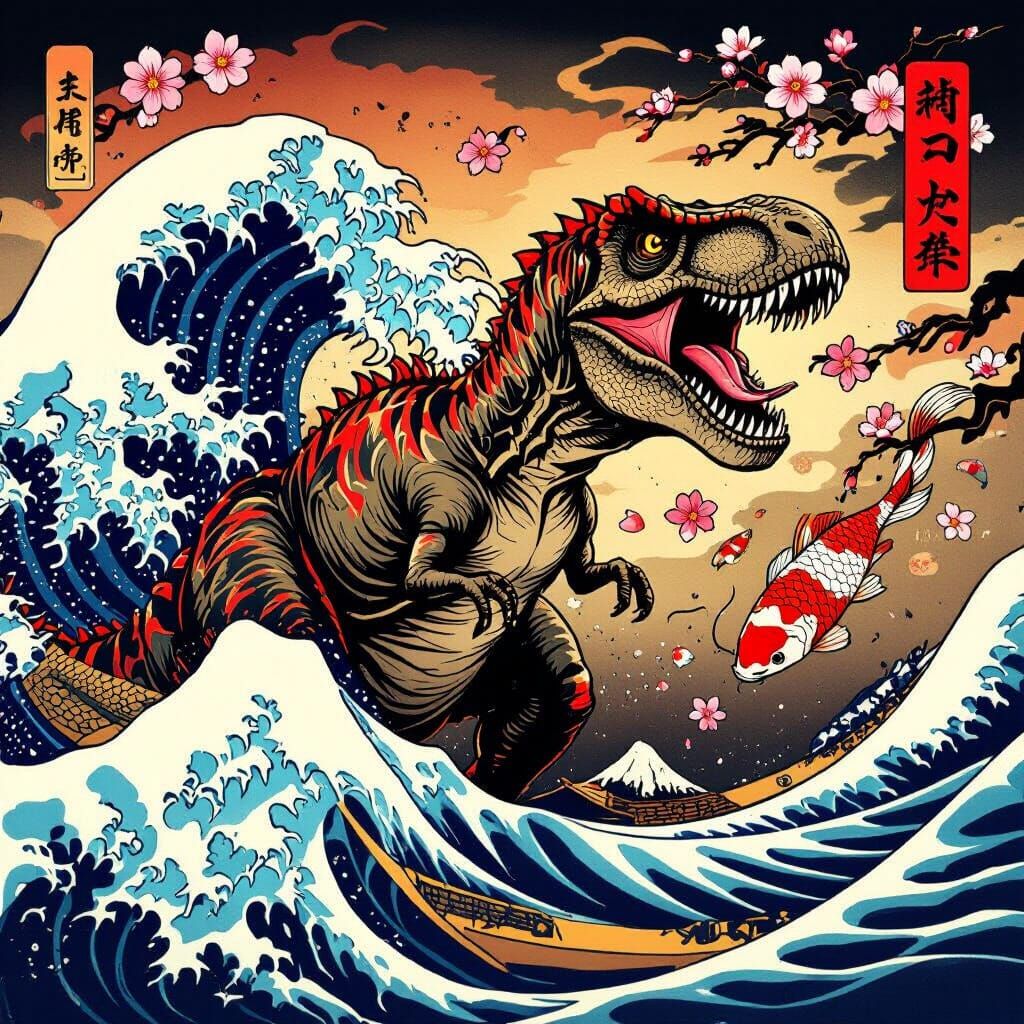 T-Rex Emerging From Japanese Wave Tattoo Art