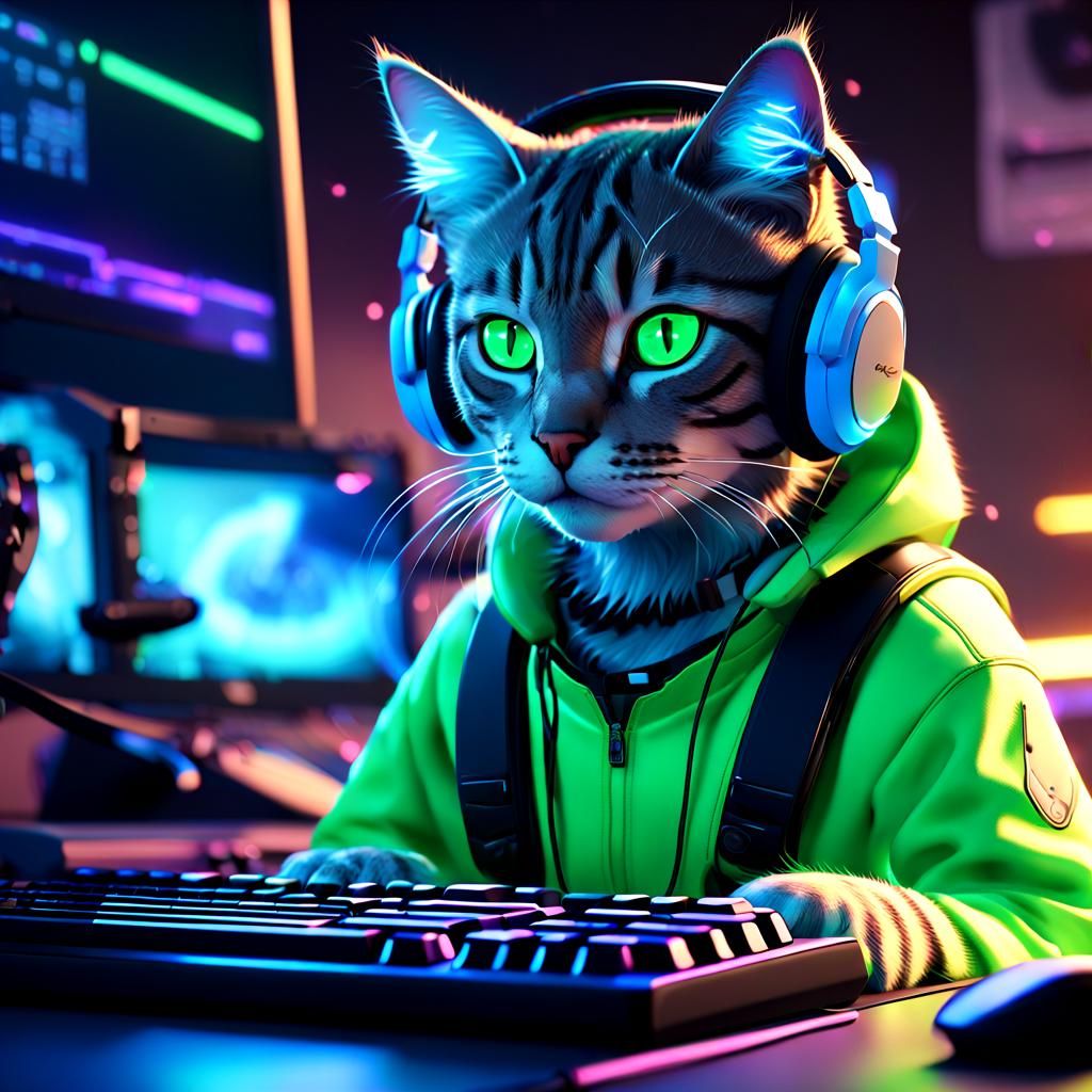Cat Gamer in Anime-Inspired 3D Art