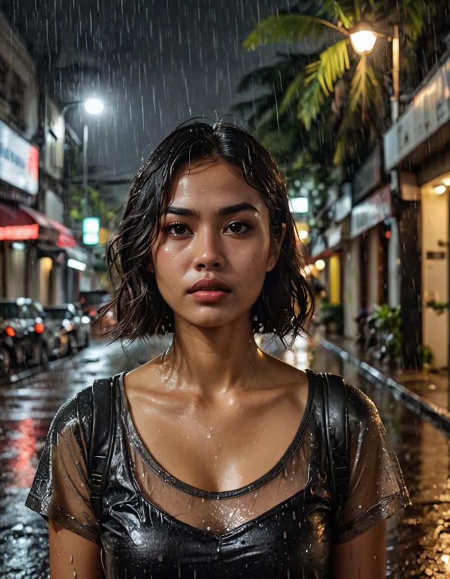 Indonesian Woman in Rain on Tropical Street at Night