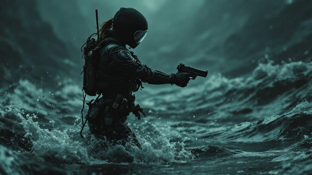 Woman in Tactical Wetsuit in Dark Oceanic Environment