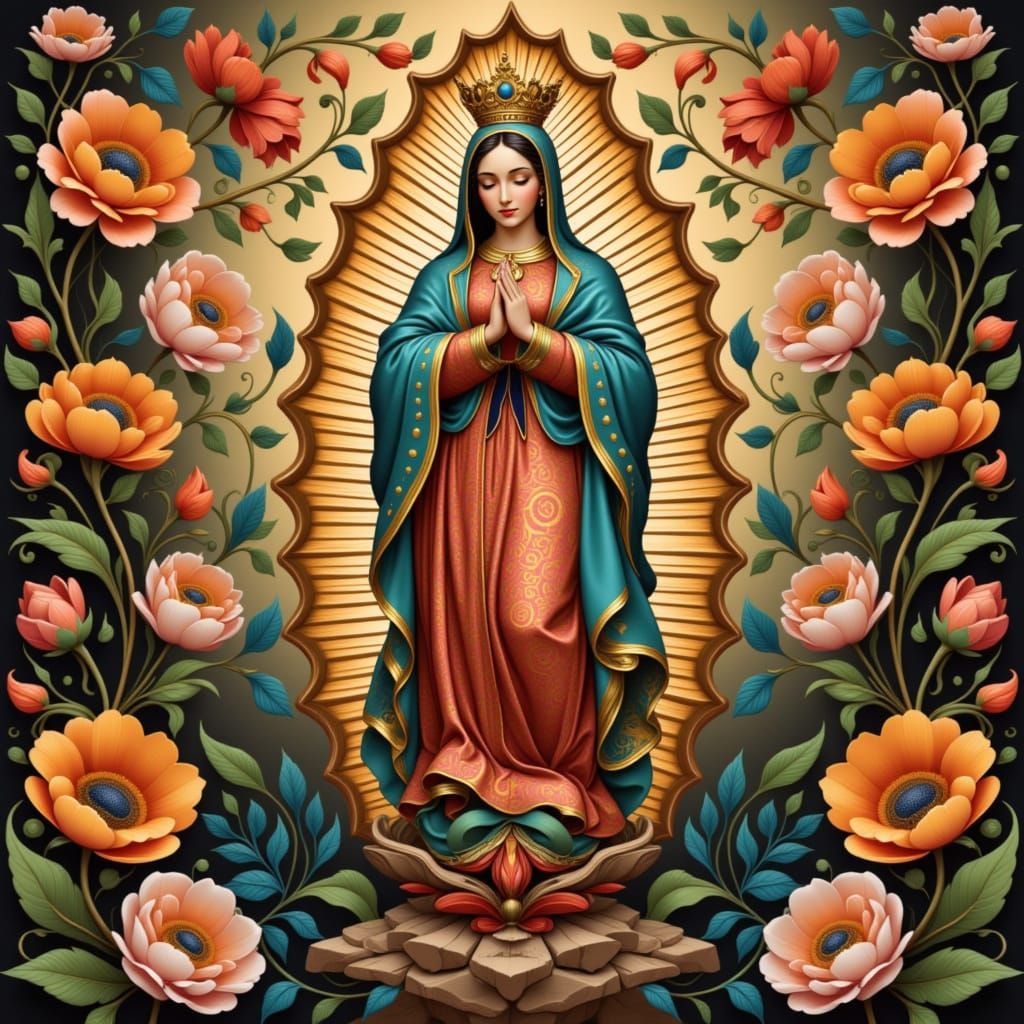 Our Lady of Guadalupe in Vibrant Folk Art Nouveau Style