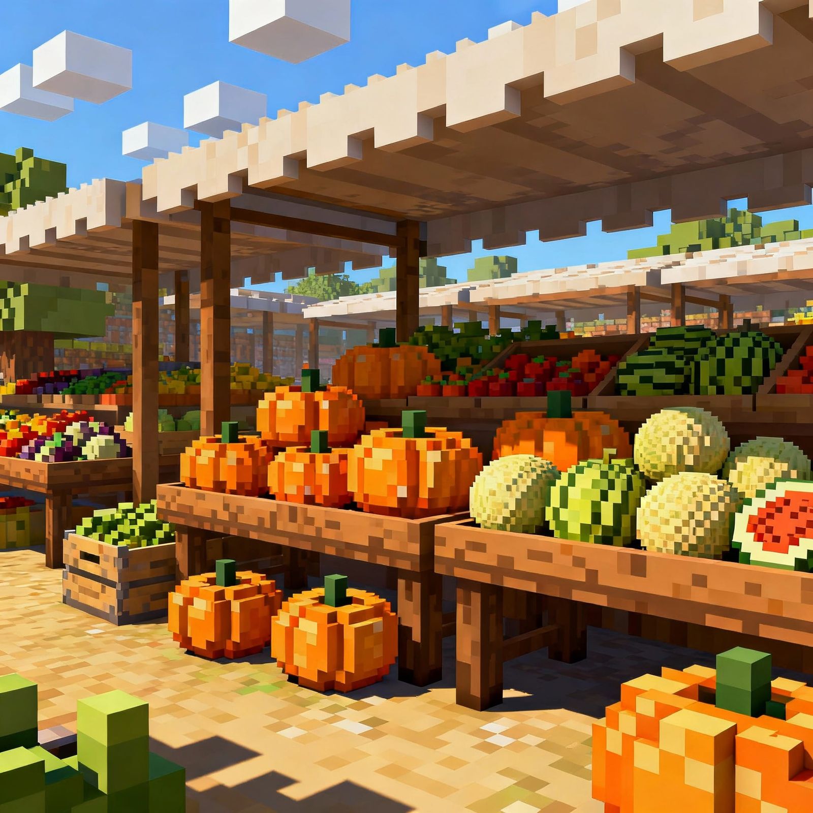 Minecraft Farmer's Market with Blocky Pumpkins and Melons