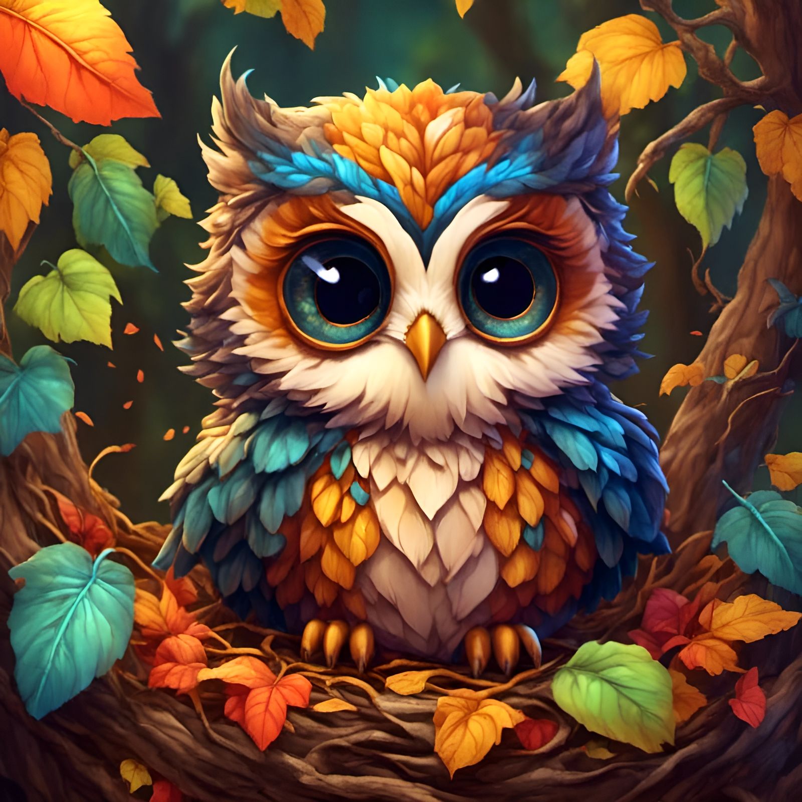 Cute Fluffy Chibi Owl in Leaf Nest