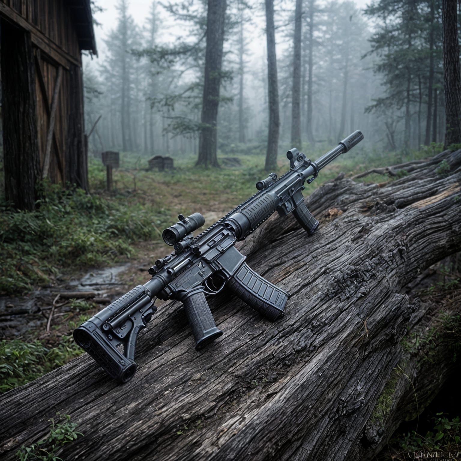 Black M4 Rifle on Log in Foggy Woods