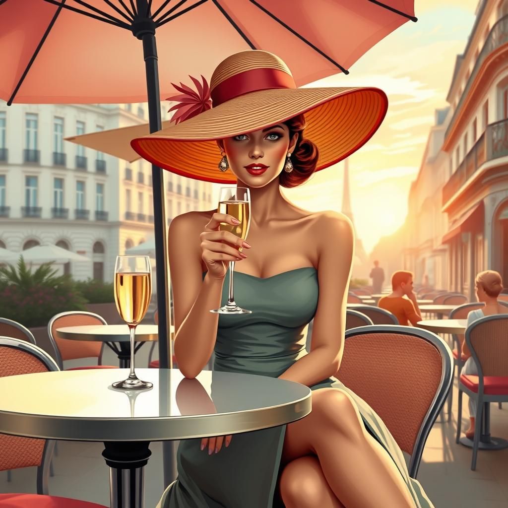 Elegant Woman at Parisian Café in Retro Style