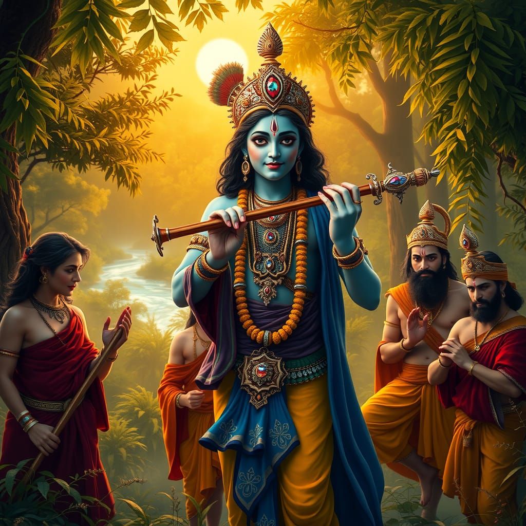 Krishna's Flute Song Amidst Pandavas in Forest