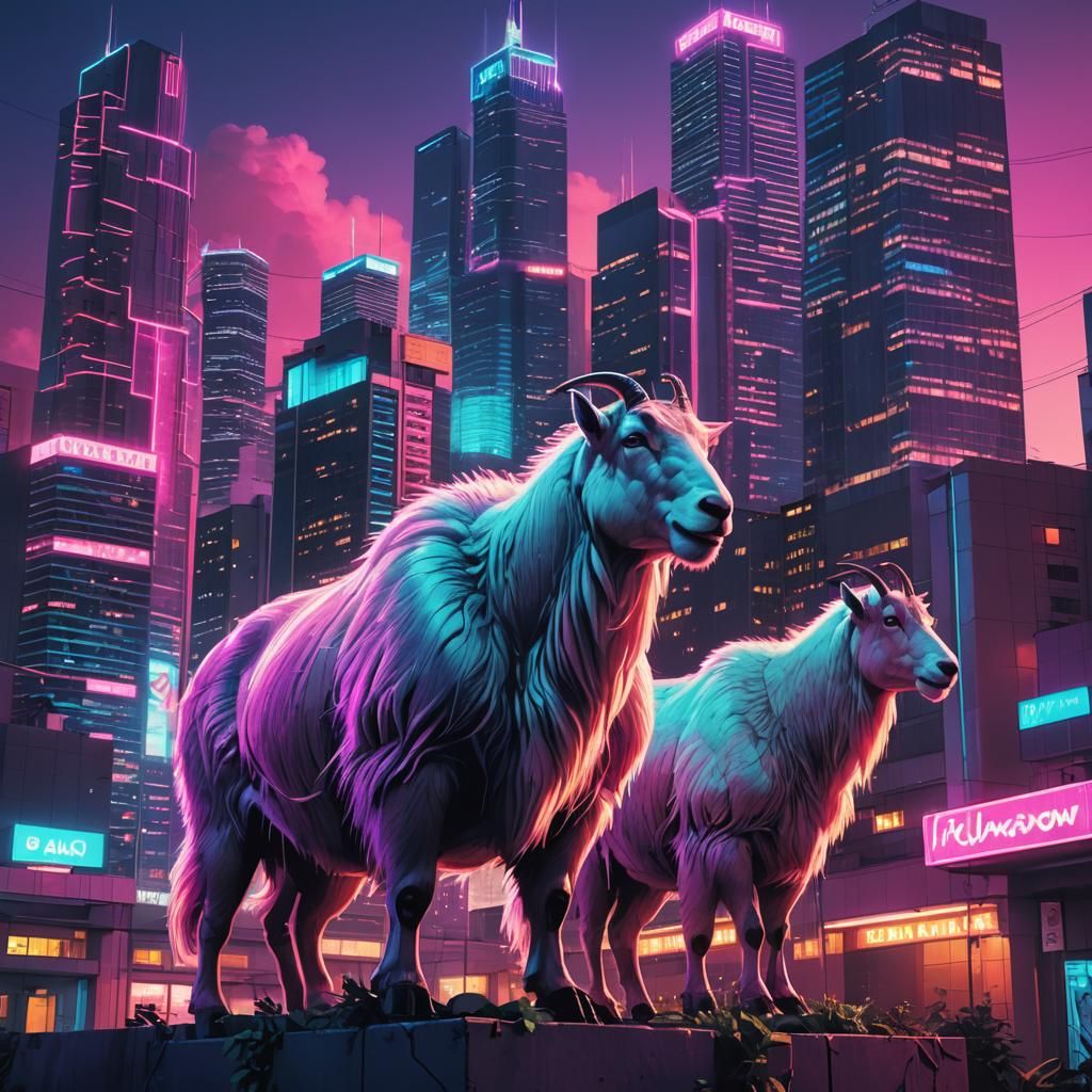 Synthwave Mountain Goats in Retro Cityscape