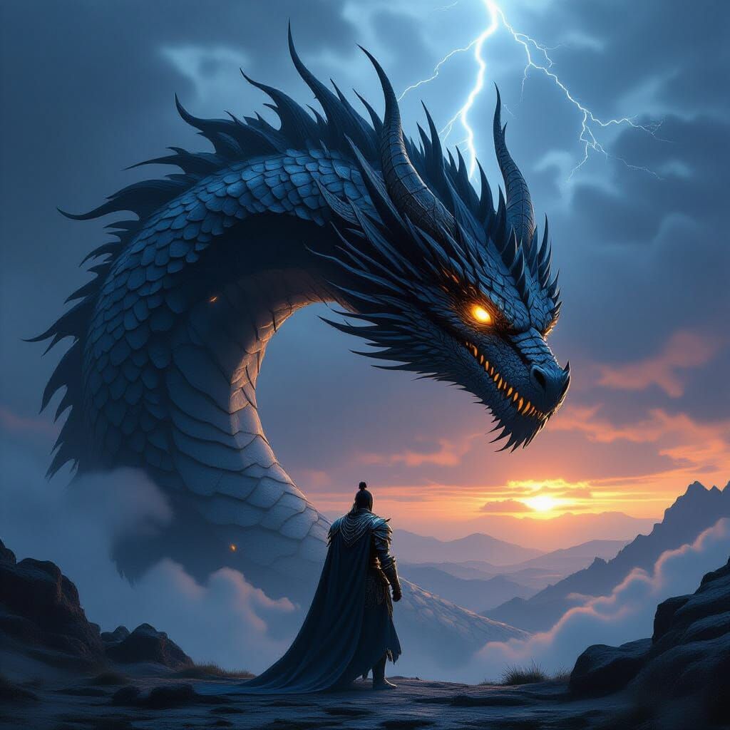 Dragon and Warrior in Epic Stormy Twilight