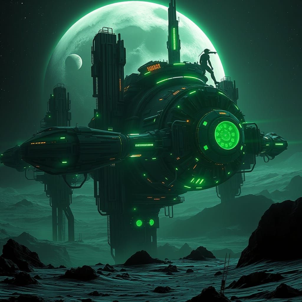 Surreal Futuristic Space Station on the Moon in Deep Black a...