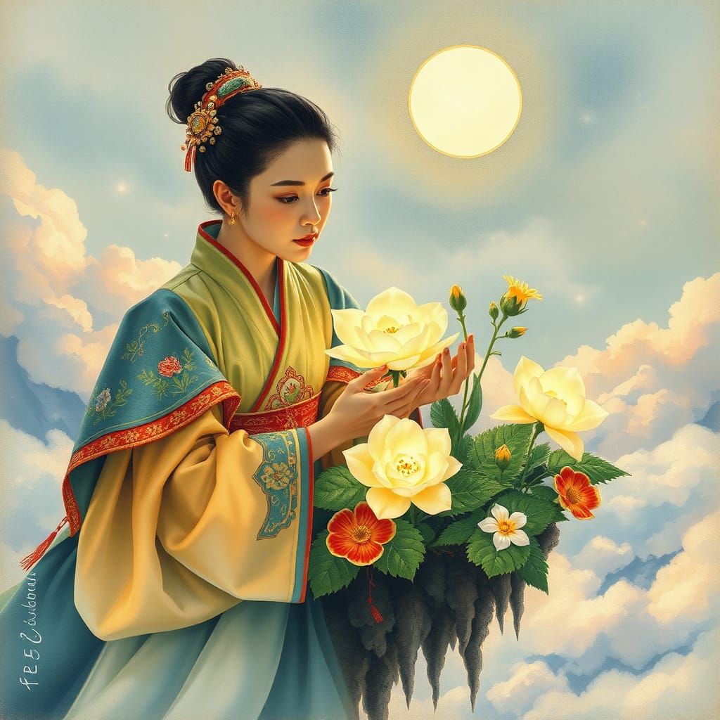 Floating Island Garden in Watercolor Style