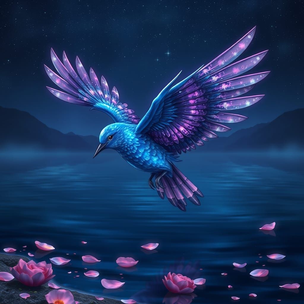 Iridescent Galaxy Bird Soaring in Anime Style