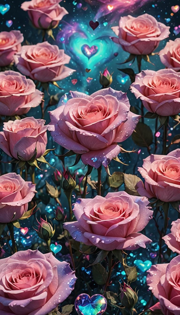 Dusty Pink Roses in Surreal Cosmic Sea