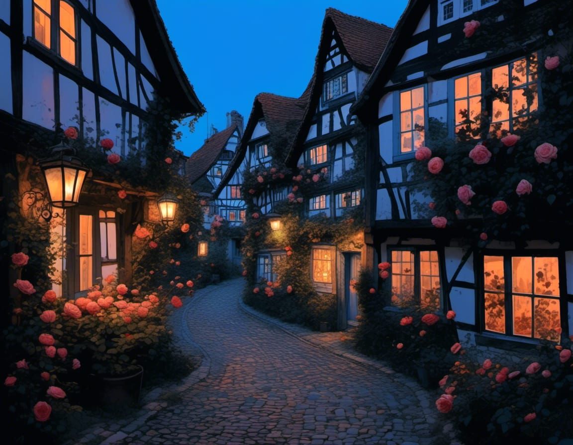 Cozy Half-Timbered Houses with Roses at Dusk