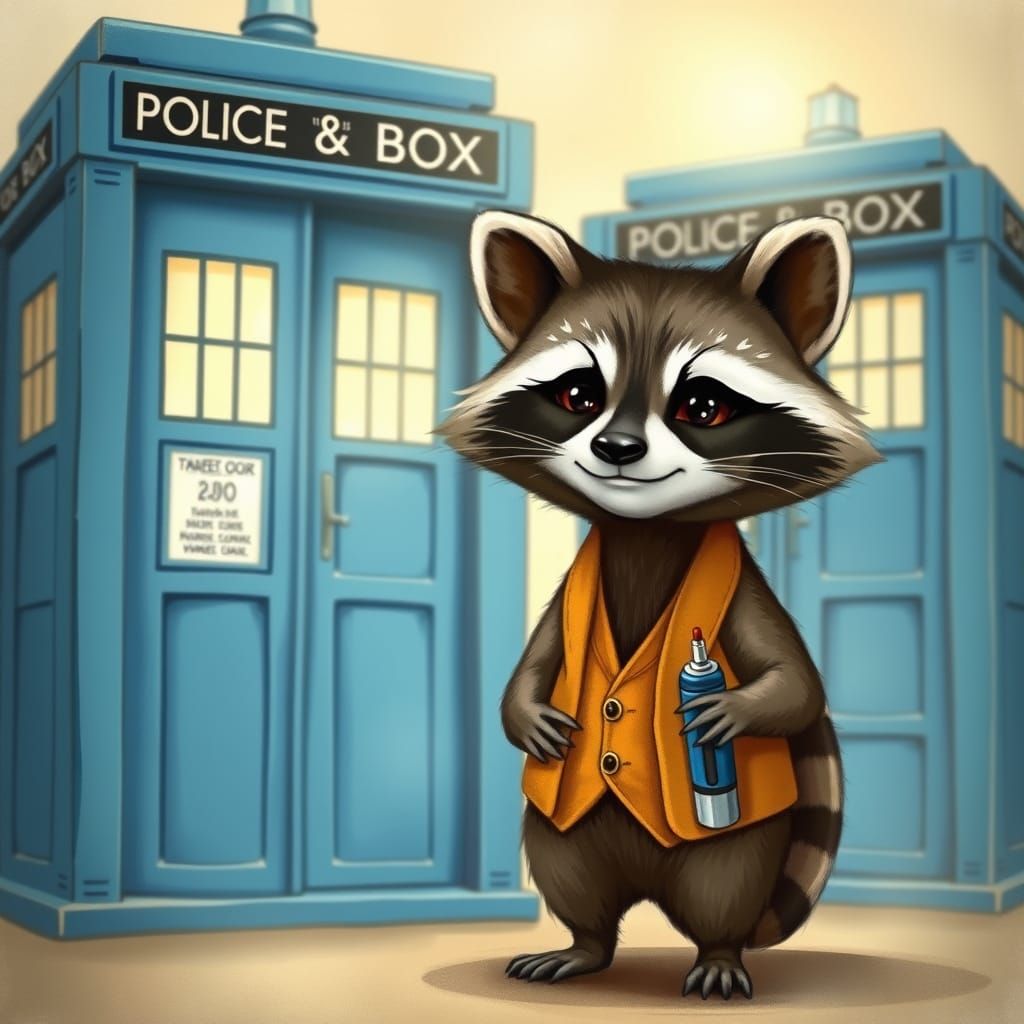 Raccoon in Waistcoat with TARDIS and Sonic Screwdriver
