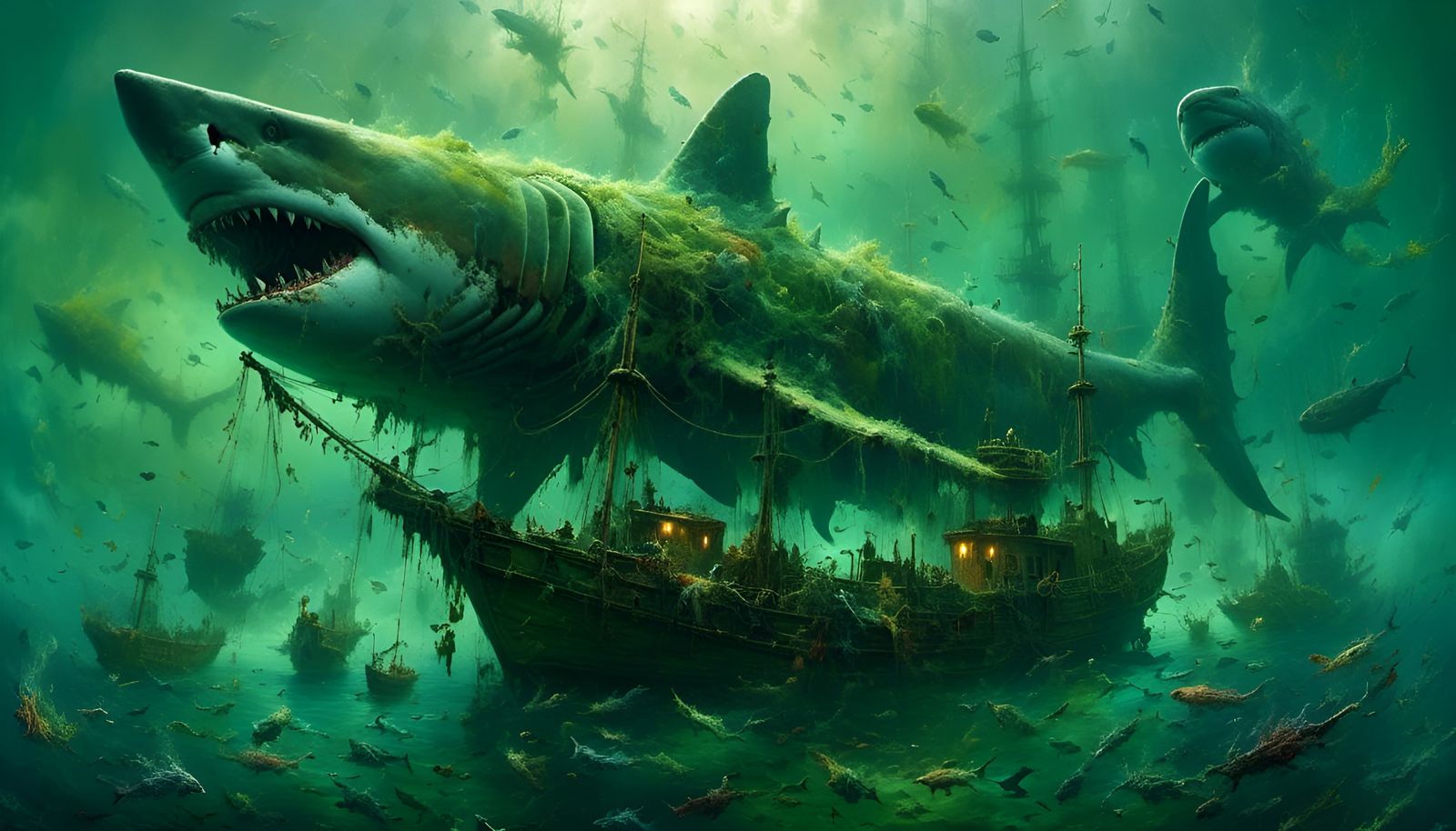 Underwater Shark with Fishing Boats and Green Hue