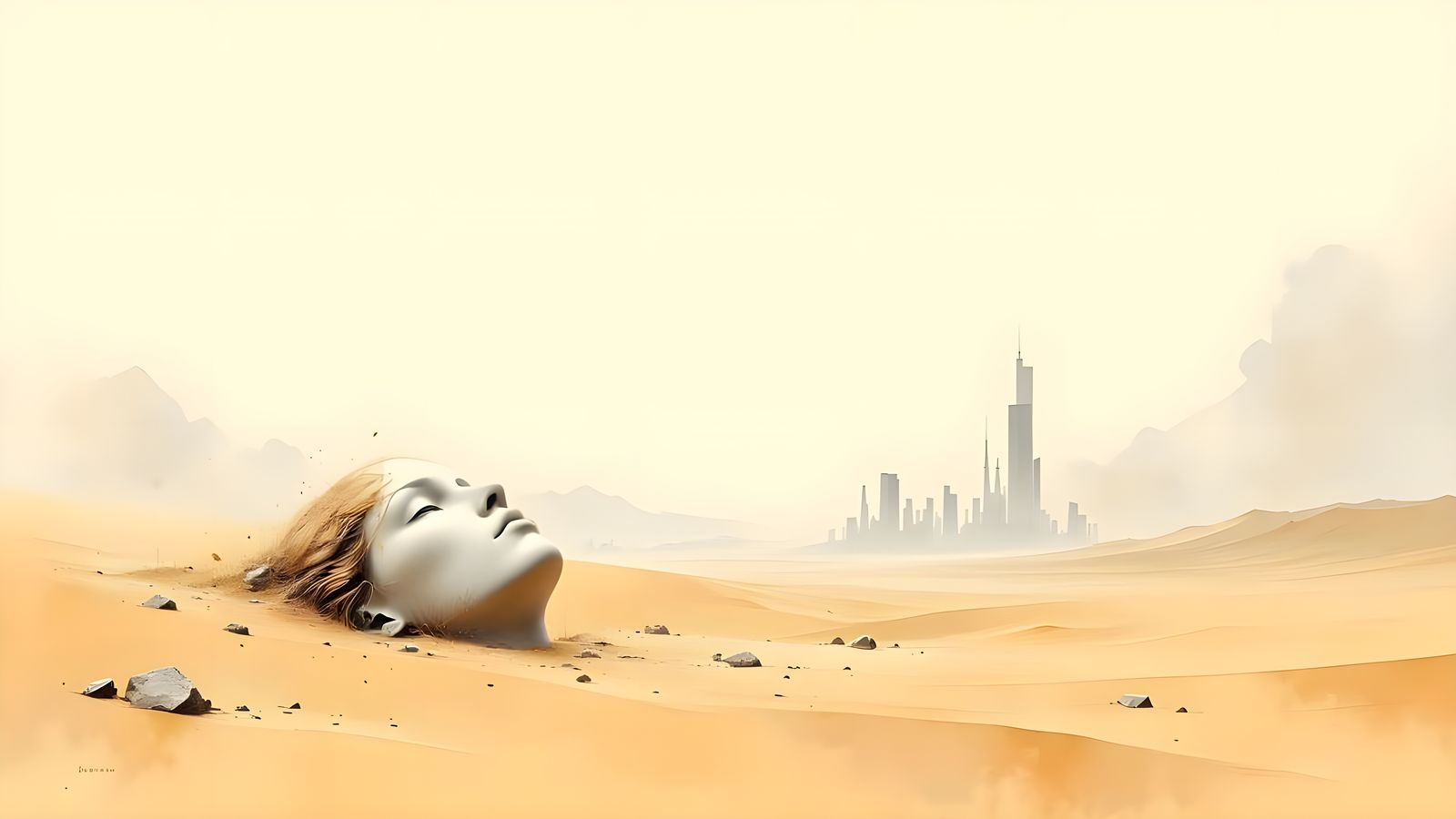 Minimalist Sand Dune Statue With Distant Cityscape