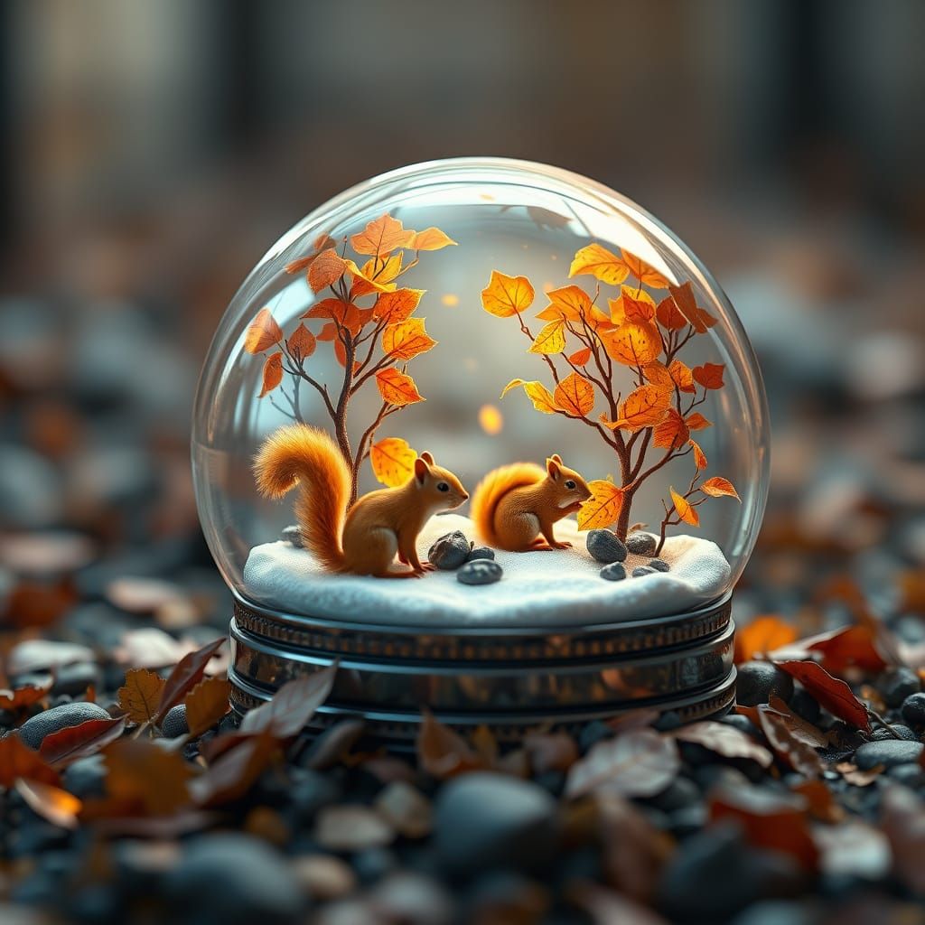 Autumn Forest in Snow Globe with Mech Squirrels Painting Lea...