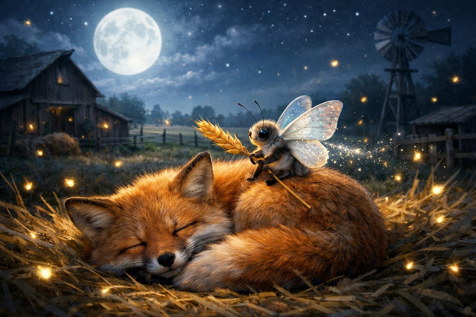 Magical Butterfly on Fox Under Moonlight