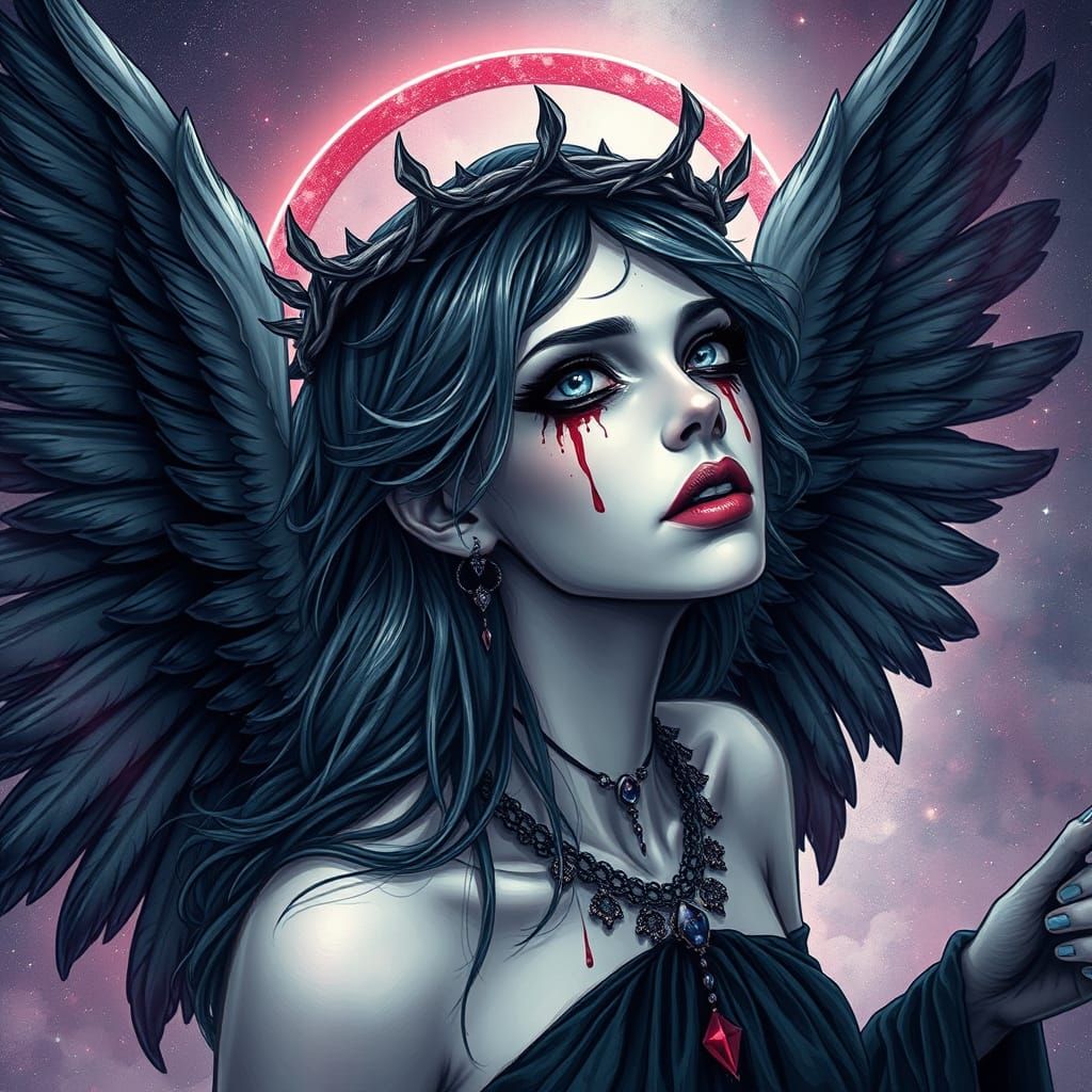 Dark Gothic Angel with Black Wings and Crown of Thorns