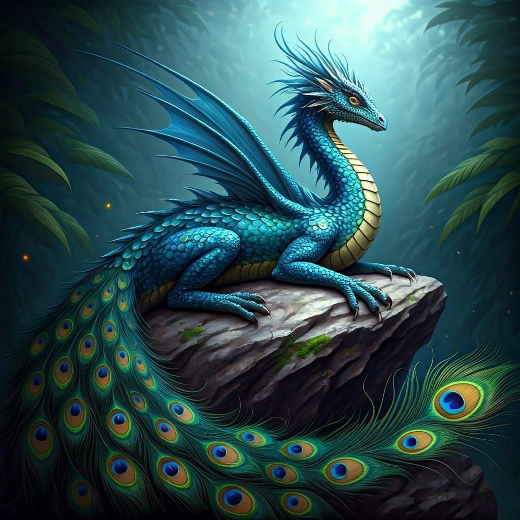 Ethereal Blue Dragon with Peacock Feathers Rests on a Rock