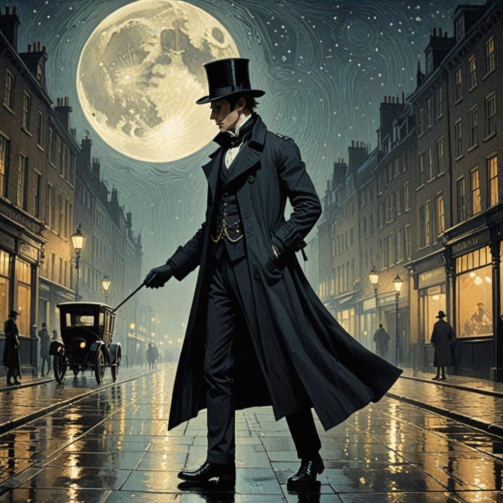 Gothic Detective Under Full Moonlight in Victorian London