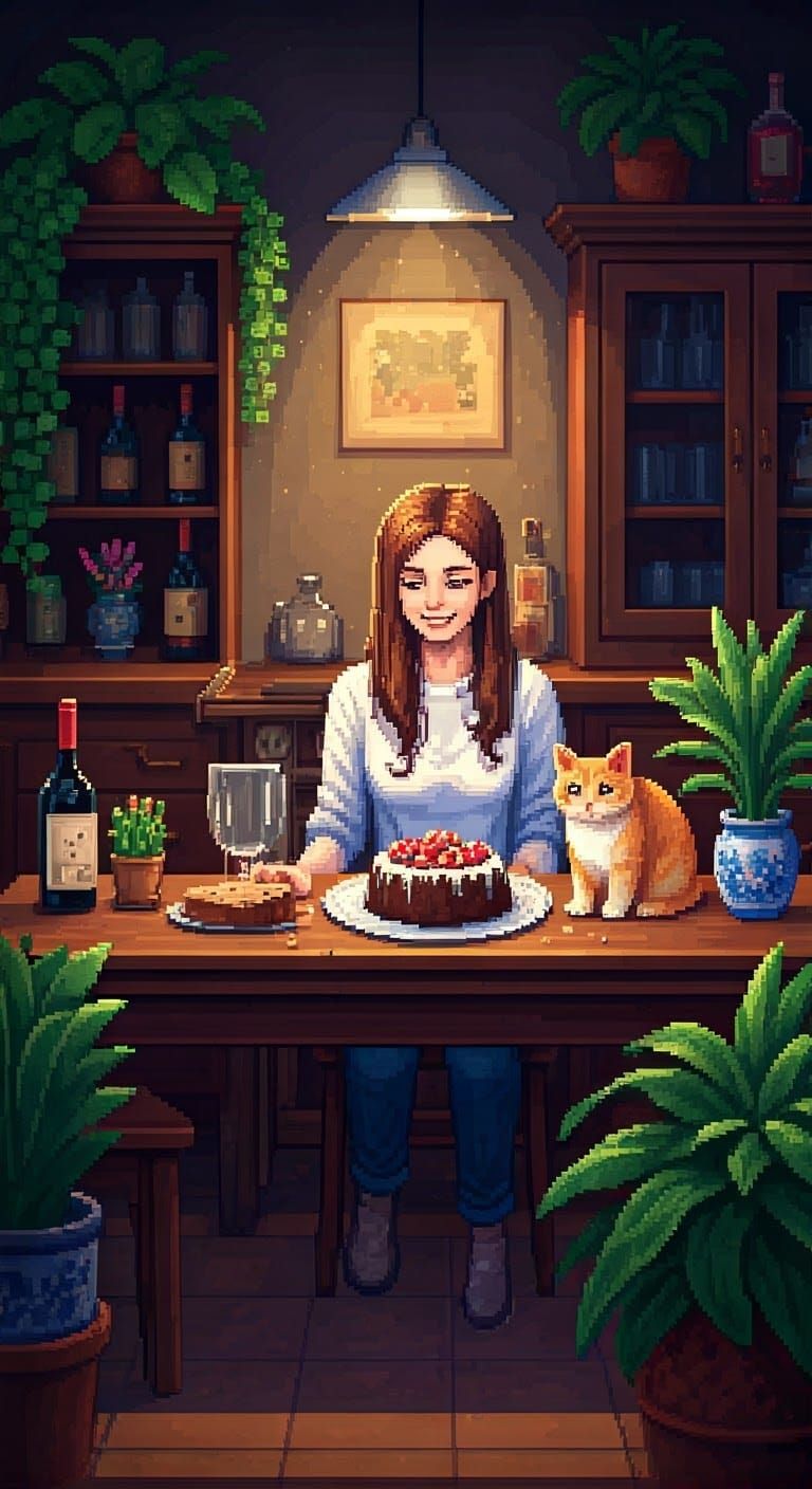 Woman and Cat Share Cake: Detailed Pixel Art