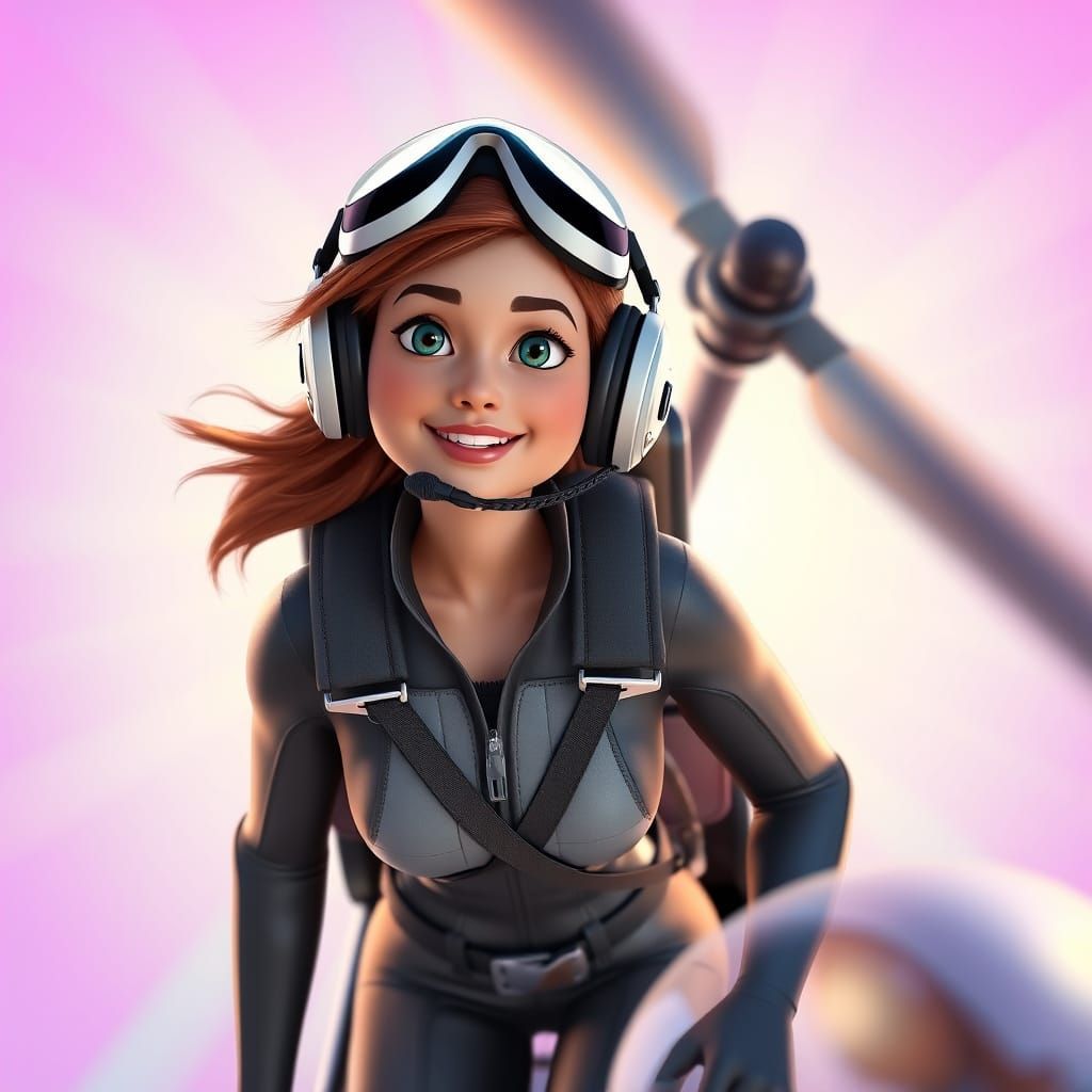 Pixar-Style Pilot in Helicopter with Radial Gradient