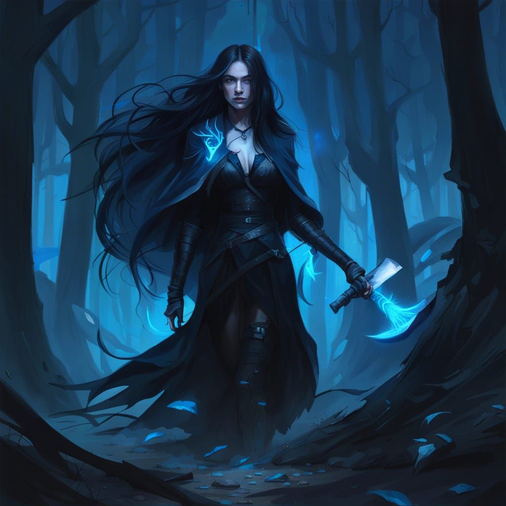 Woman with Blue Hatchet in Dark Fantasy Forest