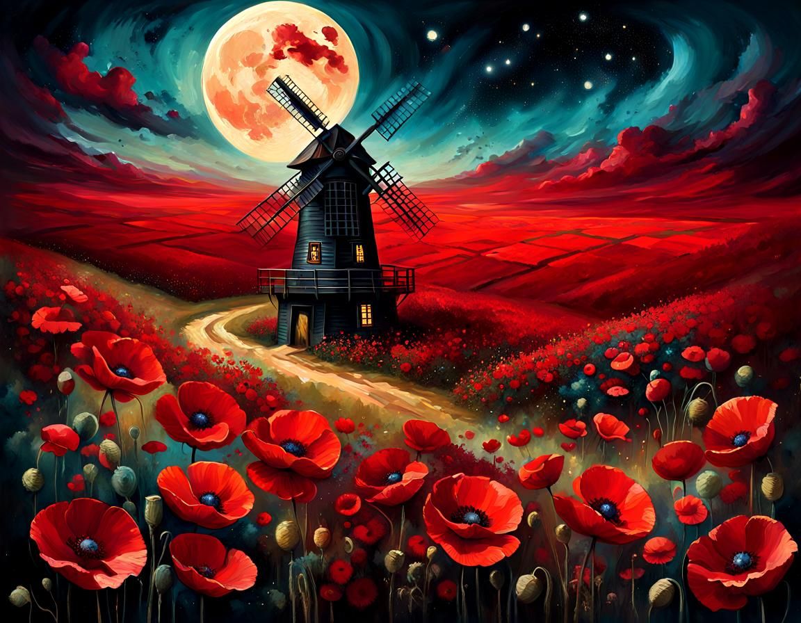 Crimson Poppies Field Vintage Oil Painting