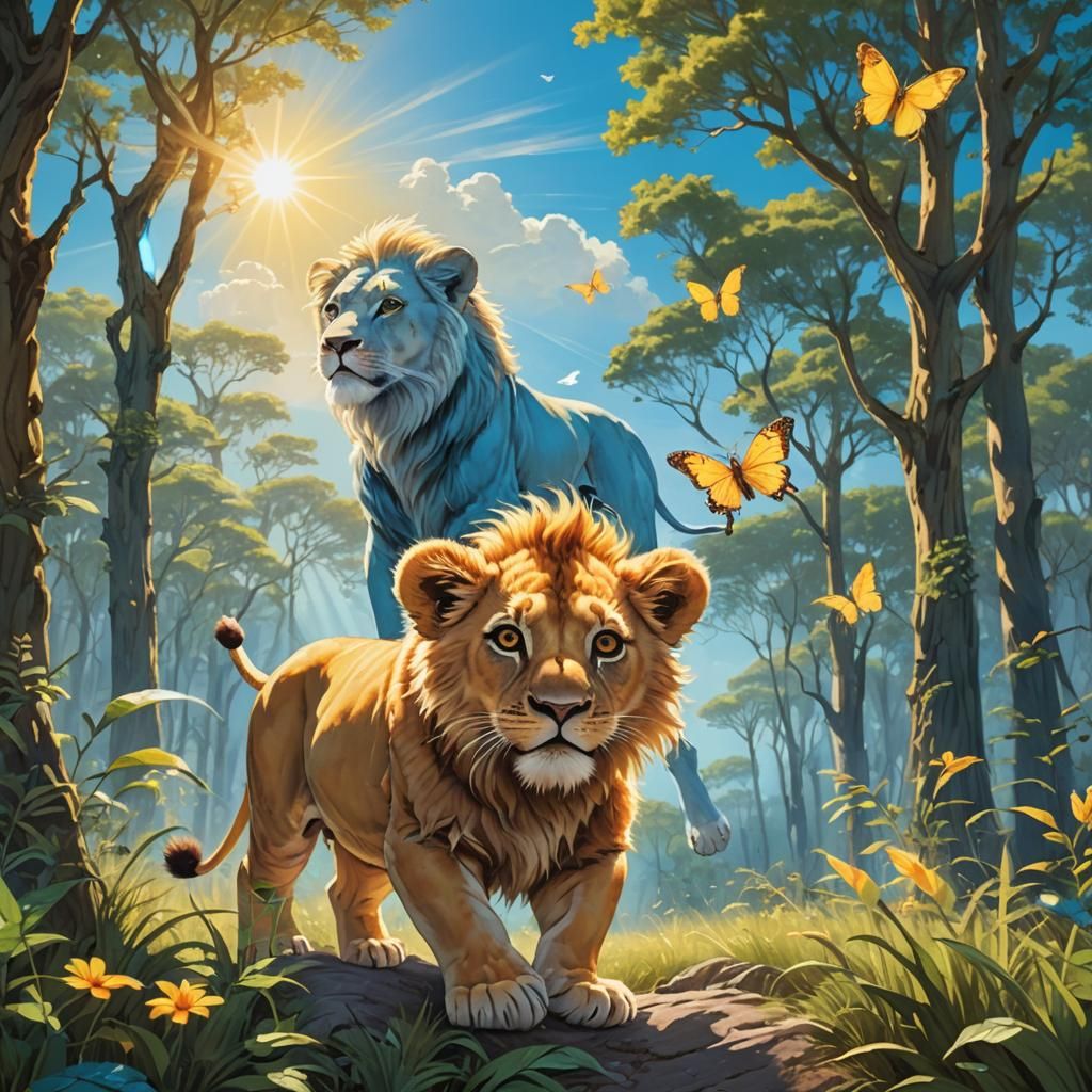 Anime Lion Cub Chasing Butterfly in Blue Sky