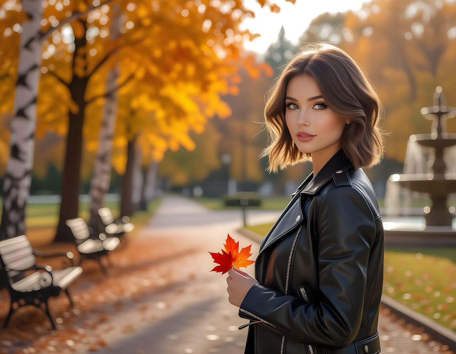 Autumn Park Scene With Girl and Fountain